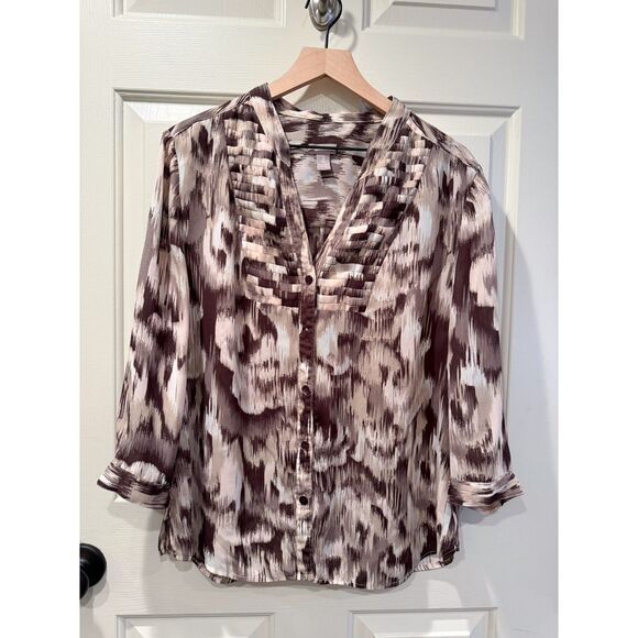 Chico's Tops - Chicos 3 L Brown White 3/4 Sleeve Basket Weave Ikat Shell Button Up Blouse VNeck